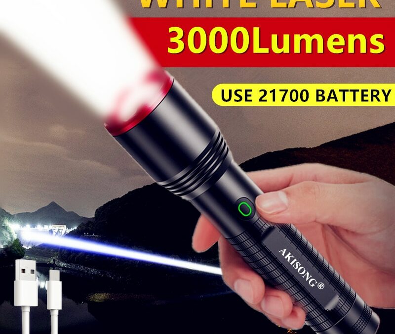 3000LM White Laser Flashlight LED Outdoor 1000M Long Shot 21700 Battery Type C Rechargeable Tactical Military Search Torch